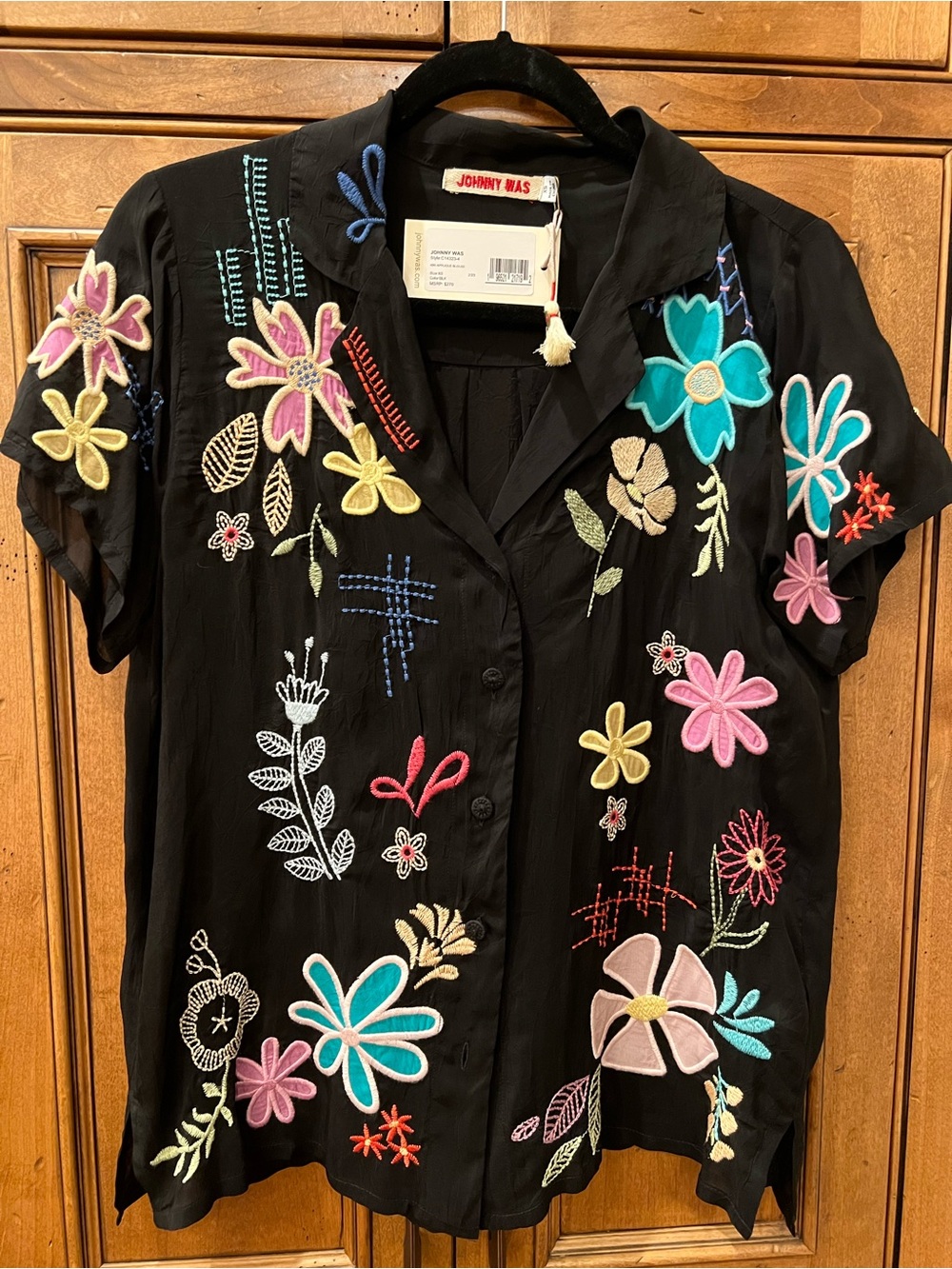 Johnny Was Black Floral Embroidered Short-Sleeve Button-Down Shirt